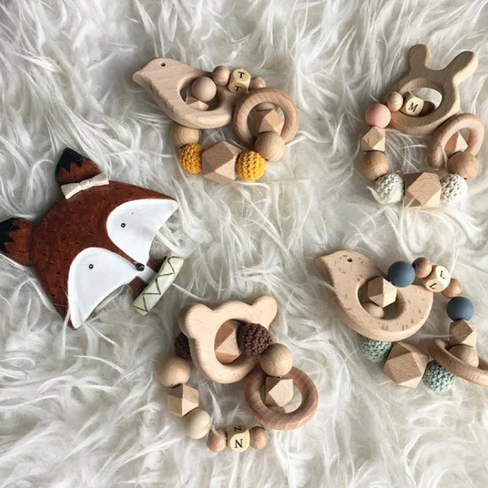 Anneau de dentition en bois Ours chocolat et vanille (personnalisable)