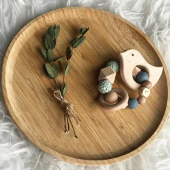 Anneau de dentition en bois Oiseau mint et ardoise (personnalisable)