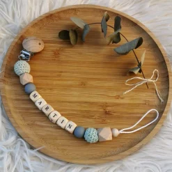 Attache sucette en bois ardoise et mint (personnalisable)