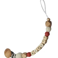 Attache sucette en bois brique et blanc (personnalisable)