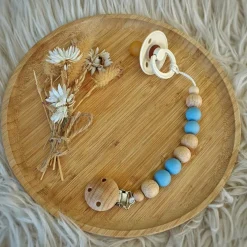 Attache sucette en bois Moon bleuet
