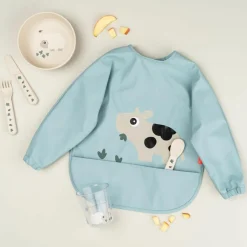 Bavoir à manches avec poche Tiny farm Bleu