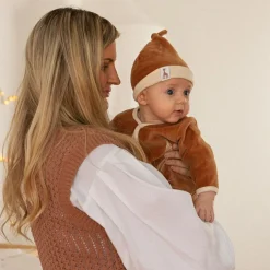 Bonnet de naissance en velours camel Sophie la girafe (1-3 mois)