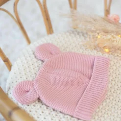 Bonnet de naissance Ours en maille Rose poudre (0-1 mois)