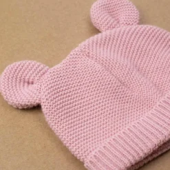 Bonnet de naissance Ours en maille Rose poudre (0-1 mois)