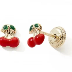 Boucles d'oreilles à vis Cerises rouges (or jaune 9 carats)