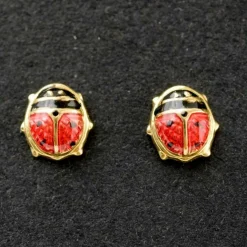 Boucles d'oreilles coccinelle émaillée rouge et noir (or jaune 375°)