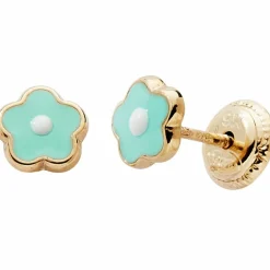 Boucles d'oreilles Fleur laquée Bleu-Blanc (or jaune 375°)
