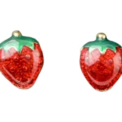 Boucles d'oreilles fraise émaillée rouge et vert (or jaune 375°)