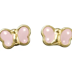 Boucles d'oreilles papillon émaillé rose à pois blanc (or jaune 375°)