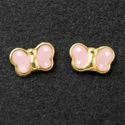 Boucles d'oreilles papillon émaillé rose à pois blanc (or jaune 375°)