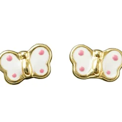 Boucles d'oreilles papillon émaillé blanc à pois rose (or jaune 375°)