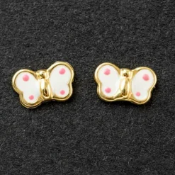 Boucles d'oreilles papillon émaillé blanc à pois rose (or jaune 375°)