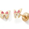 Boucles d'oreilles Papillon laqué rose et blanc (or jaune 9 carats)