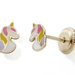 Boucles d'oreilles tête de licorne colorée (or jaune 375°)