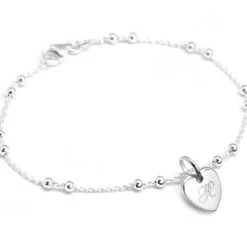 Bracelet chaîne perlée médaille coeur personnalisable (argent 925°)