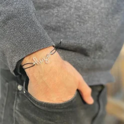 Bracelet cordon coton ciré Prénom argent (personnalisable)