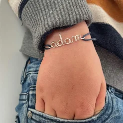 Bracelet cordon coton ciré Prénom argent (personnalisable)