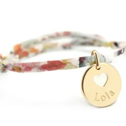 Bracelet cordon liberty médaille Coeur ivoire plaqué or (personnalisable)