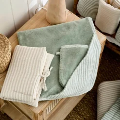 Cape de bain + gant éponge bambou et gaze rayé vert de gris