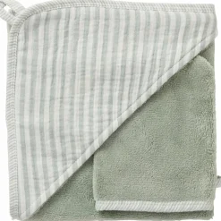 Cape de bain + gant éponge bambou et gaze rayé vert de gris - Reconditionné