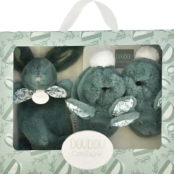 Coffret Chaussons et Doudou Vert Sauge Lapin Doudou