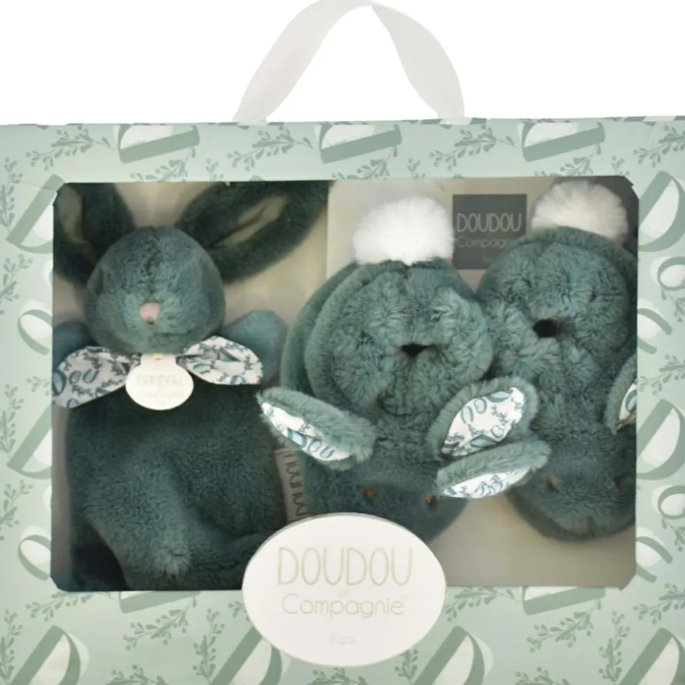 Coffret Chaussons et Doudou Vert Sauge Lapin Doudou