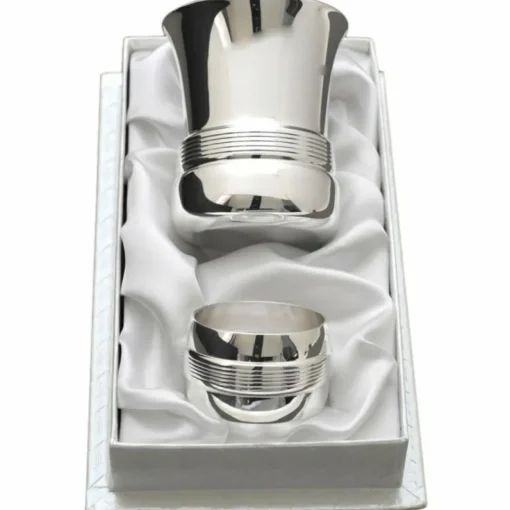 Coffret timbale et rond de serviette Filets personnalisable (métal argenté)