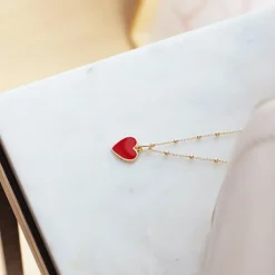 Collier Cœur rouge chaîne perlée personnalisable (plaqué or)
