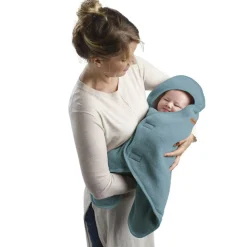 Couverture Babynomade double polaire bleu baltique et blanc (0-6 mois)