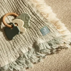 Couverture en gaze de coton Fringe Stripe Sea Green (120 x 120 cm)