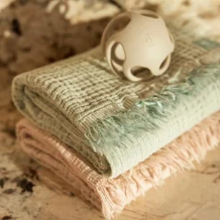 Couverture en gaze de coton Fringe Stripe Sea Green (120 x 120 cm)