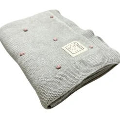 Couverture en tricot et coton bio gris et rose (80 x 100 cm)