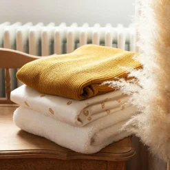 Couverture en tricot et flanelle Moutarde (75 x 100 cm)