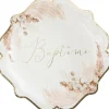 Lot de 8 assiettes en carton Baptême Pampas, Fleurs de coton et or