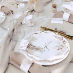 Lot de 8 assiettes en carton Baptême Pampas, Fleurs de coton et or