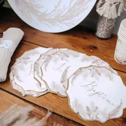 Lot de 8 assiettes en carton Baptême Pampas, Fleurs de coton et or