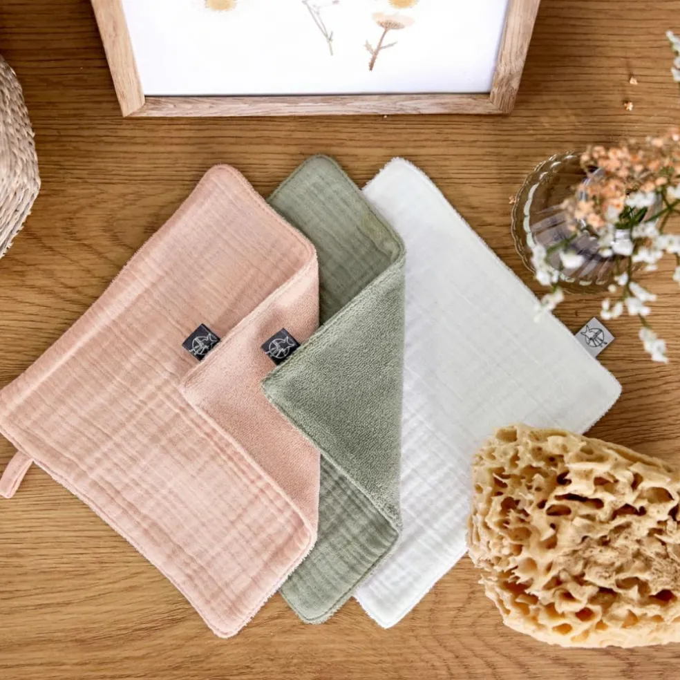 Lot de 3 débarbouillettes blanc cassé-rose poudré-olive