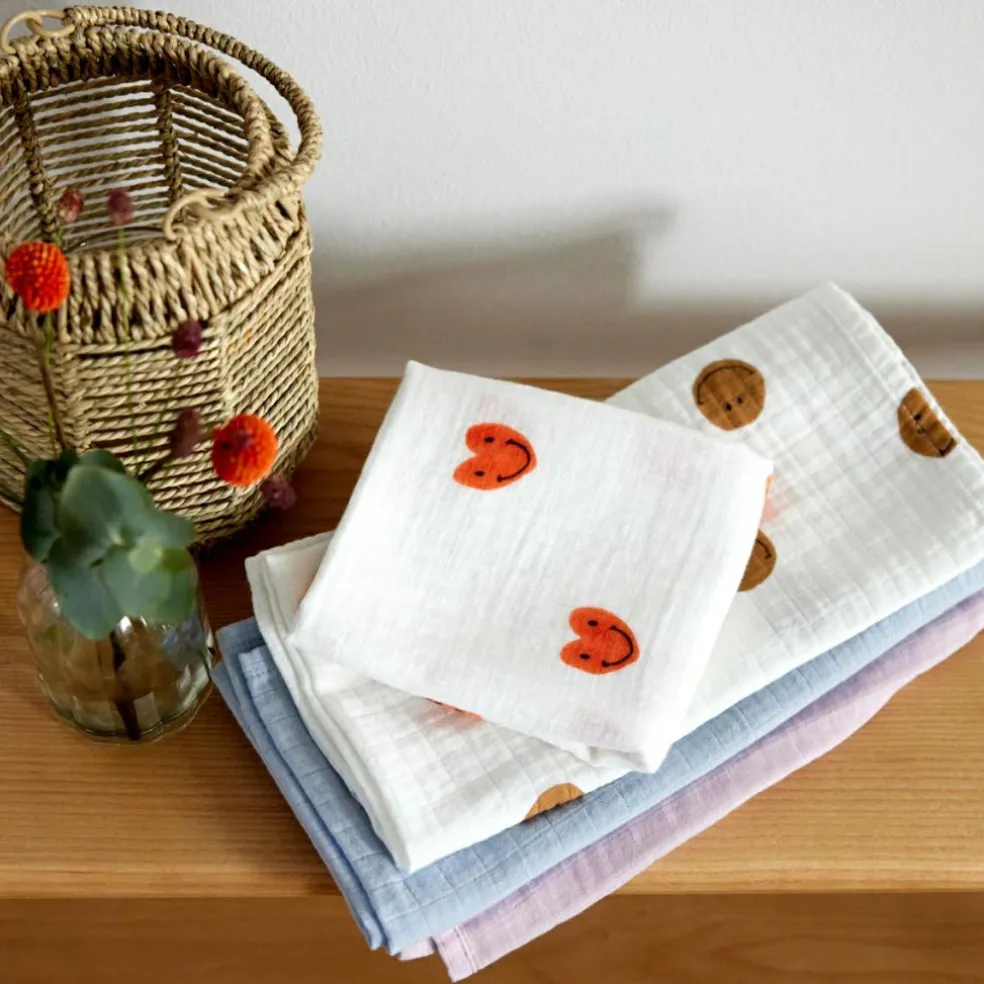 Lot de 3 langes Happy Rascals Coeur lavande (60 x 60 cm)