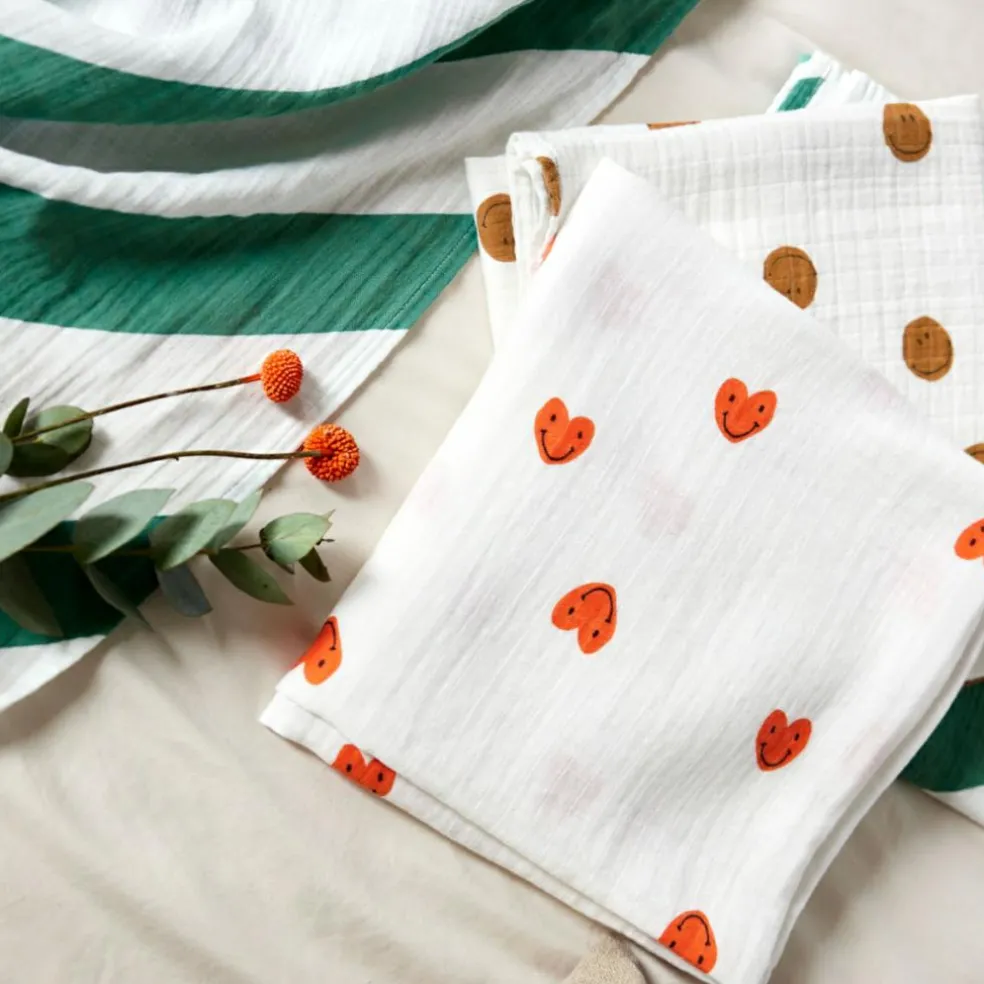 Lot de 3 langes Happy Rascals Coeur lavande (60 x 60 cm)