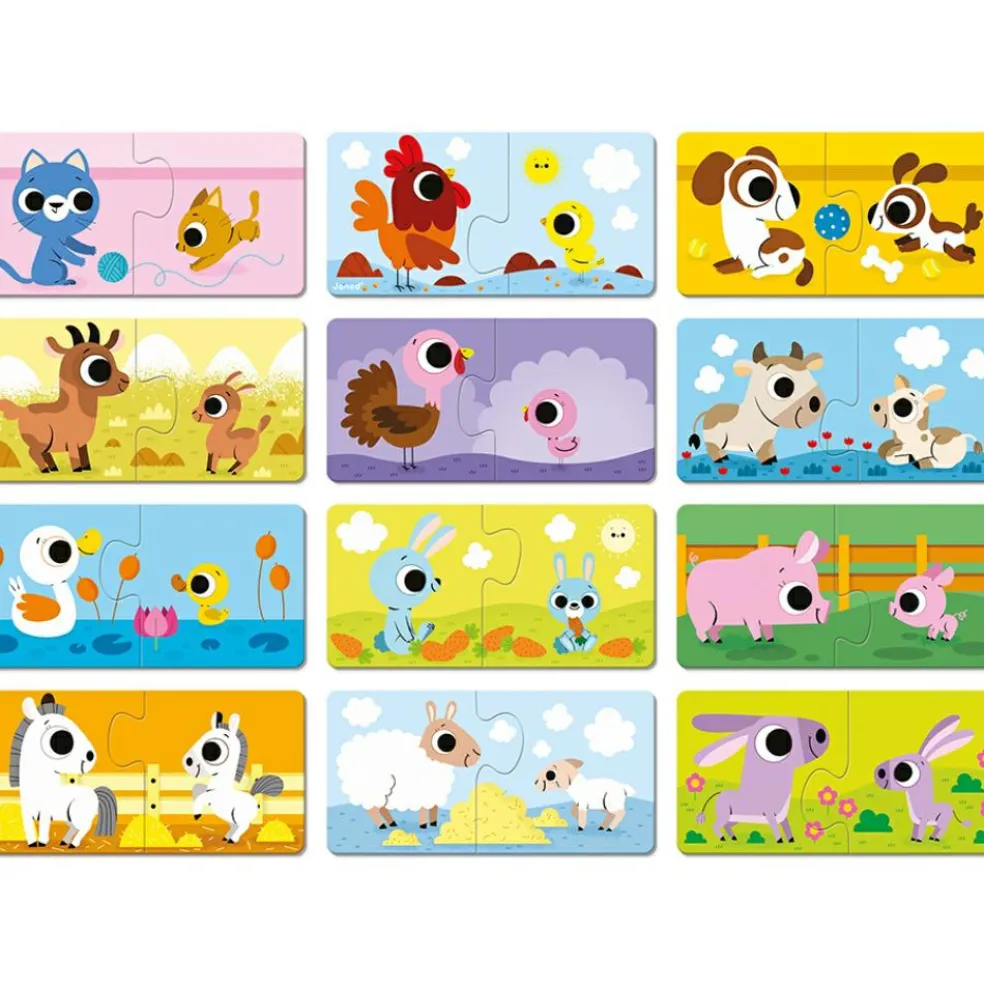 Lot de 12 petits puzzles Parents et bébés animaux