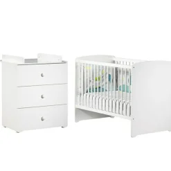 Pack duo lit bébé têtes panneaux blanc et commode à langer blancs New Basic