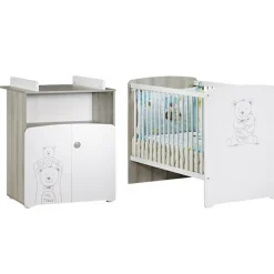 Pack duo lit bébé têtes panneaux et commode à langer Teddy