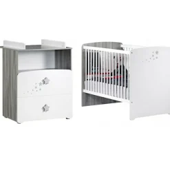 Pack duo lit bébé têtes panneaux et commode à langer New Nao