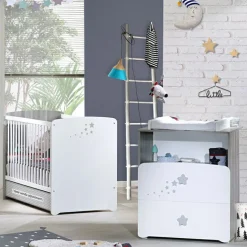 Pack duo lit bébé têtes panneaux et commode à langer New Nao