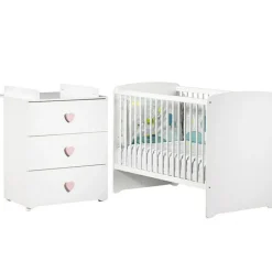 Pack duo lit bébé têtes panneaux blanc et commode à langer coeur rose New Basic