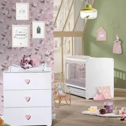 Pack duo lit bébé têtes panneaux blanc et commode à langer coeur rose New Basic