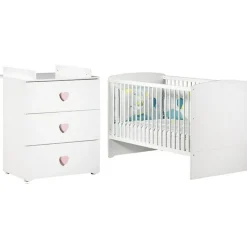 Pack duo lit bébé évolutif Little Big Bed blanc et commode à langer coeur rose New Basic