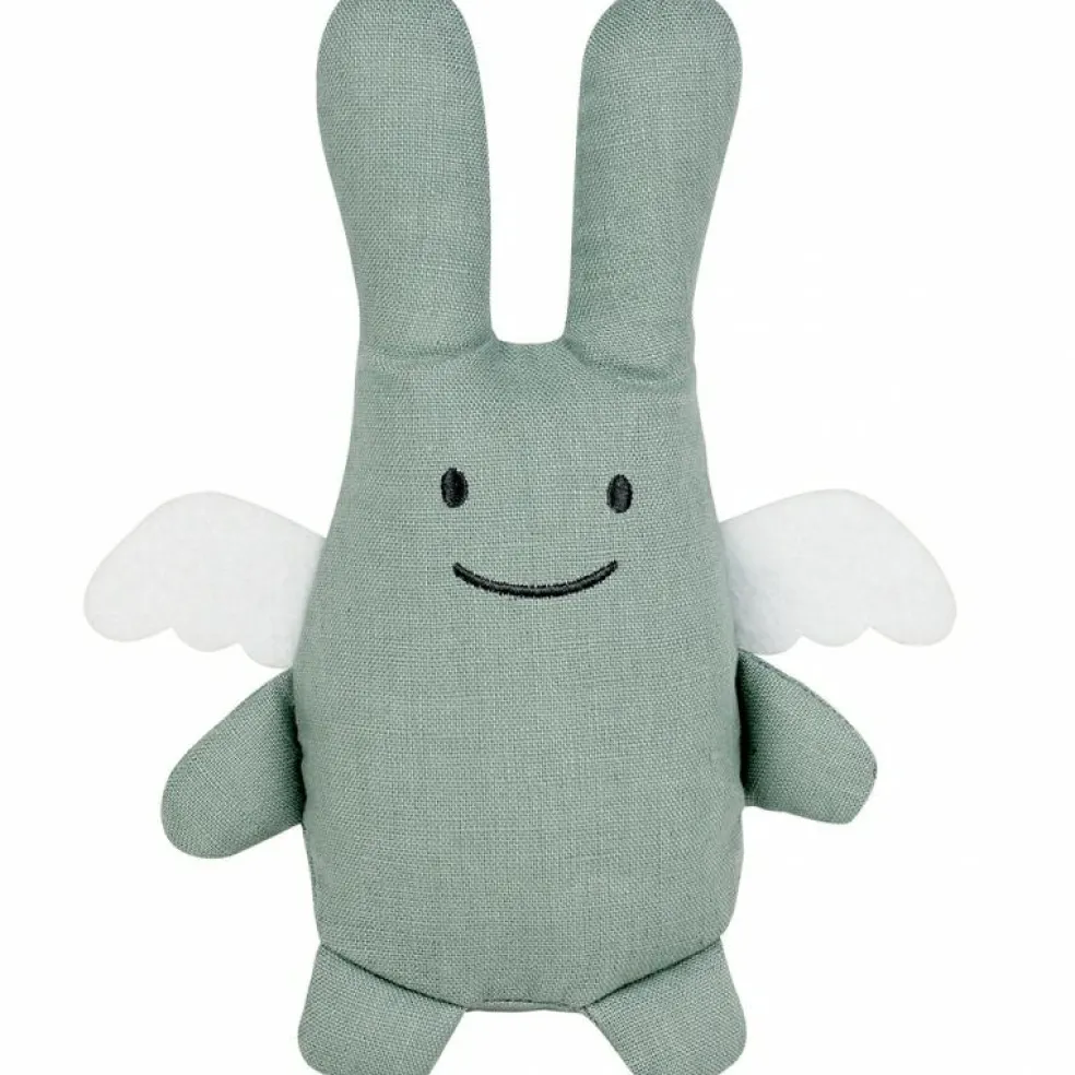 Peluche en coton bio ange lapin vert d'eau + pochette en coton (20 cm)