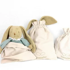 Peluche en coton bio ange lapin vert d'eau + pochette en coton (20 cm)